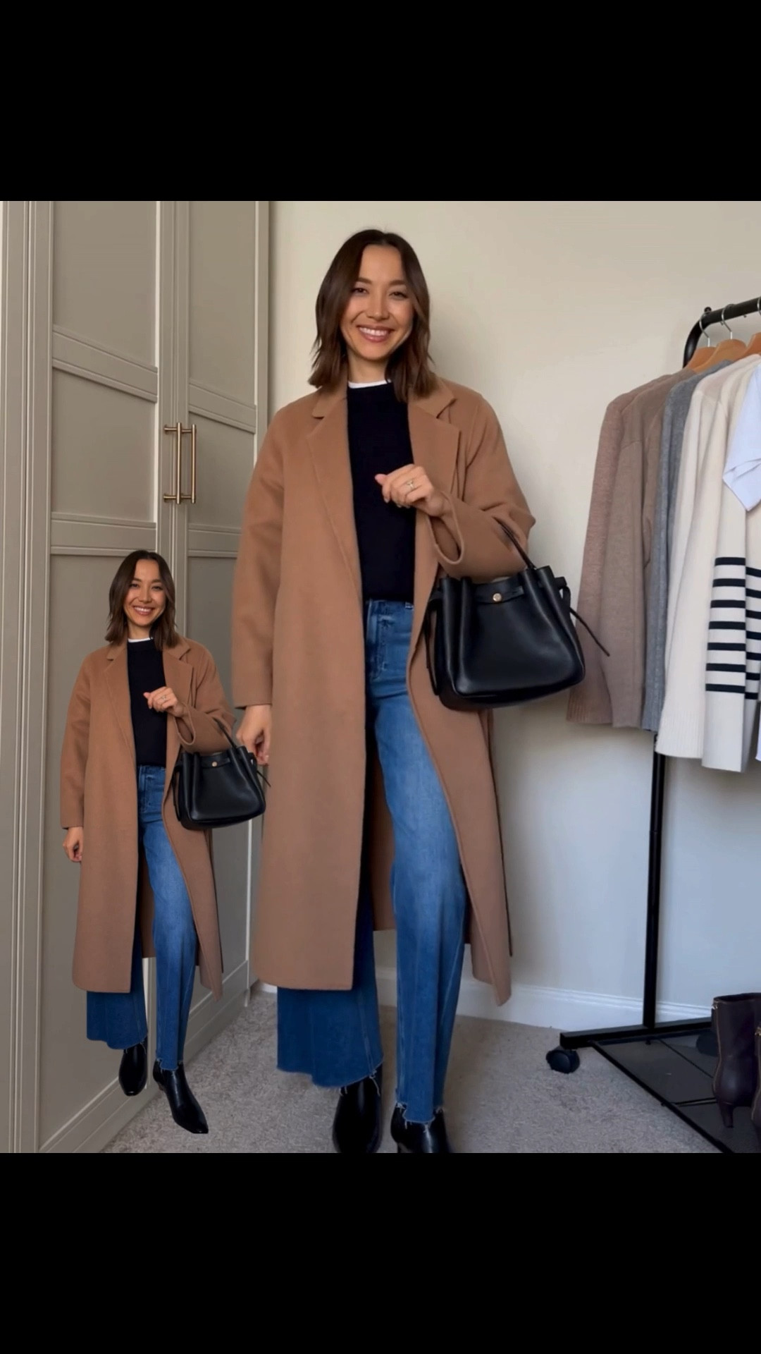 Smart casual work outfit 

Mango coat — xs 
Aritzia cashmere sweater — xs 
Paige anessa crop jeans 
Tory Burch bucket tote 
Boots — linked to similar style 

#LTKWorkwear