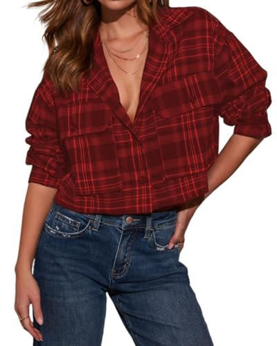 Women's Flannel Cropped Plaid Shacket Jacket Long Sleeve Button Down Casual Fall Shirts Tops Red | Amazon (US)