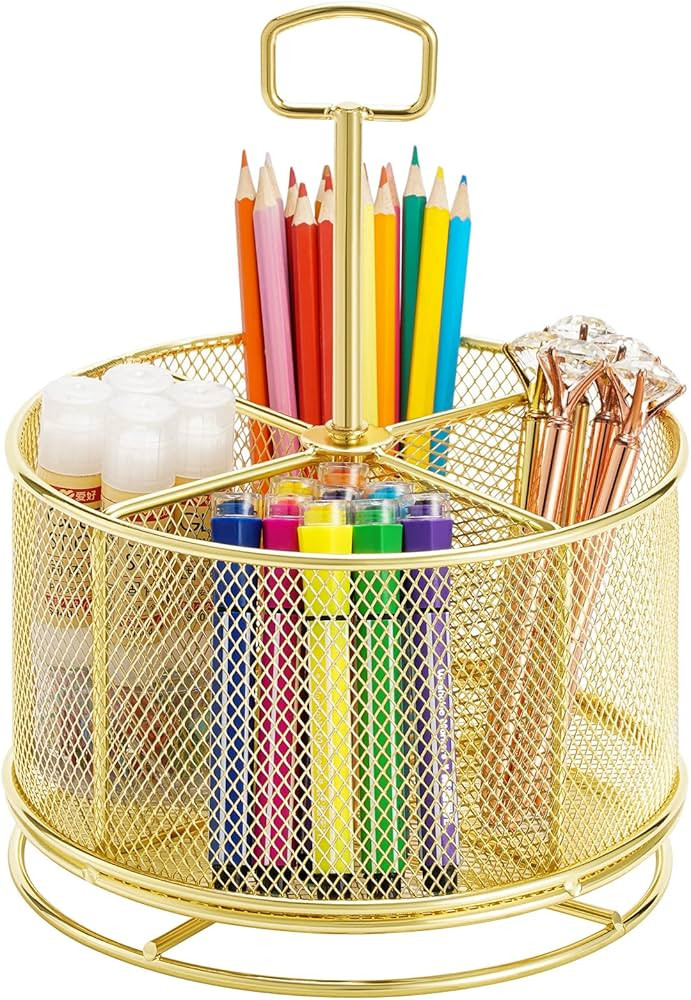 Marbrasse Gold Desk Organizer, 360-Degree Rotating Multi-Functional Pen Holder, 4 Compartments De... | Amazon (US)