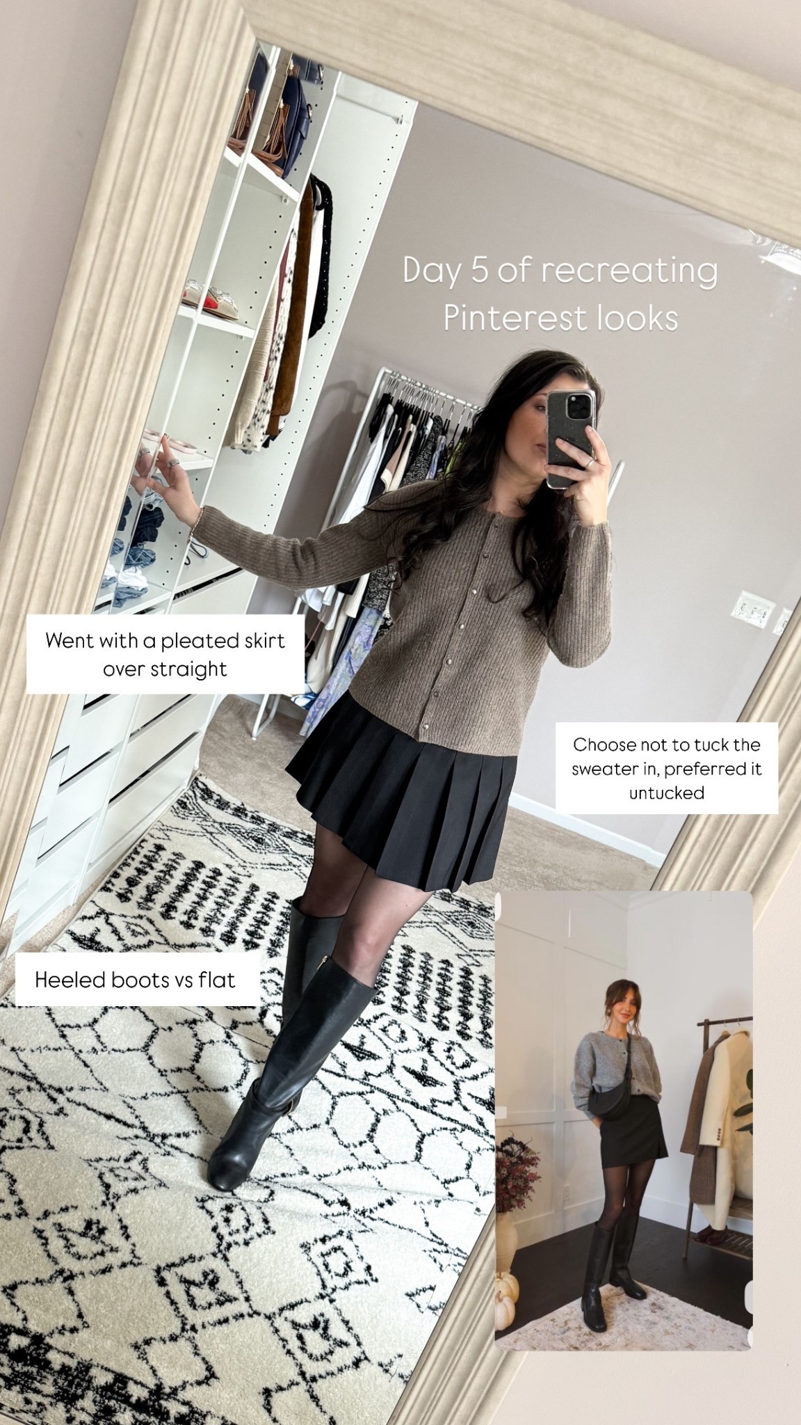 Cardigan + pleated skirt (with built in shorts) and knee high leather boots 

#LTKFindsUnder100 #LTKShoeCrush #LTKStyleTip