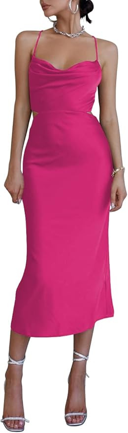 LYANER Women's Satin Cowl Neck Straps Slip Sexy Cut Out Cocktail Midi Dress | Amazon (US)