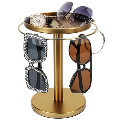 kondyfayo 360° Rotating Sunglass Organizer Storage, Stainless Steel Glasses Holder Stand, Glasses Organizer with Tray for Desk, Dresser, Tabletop, Nightstand and Home Decor (Gold) | Amazon (US)