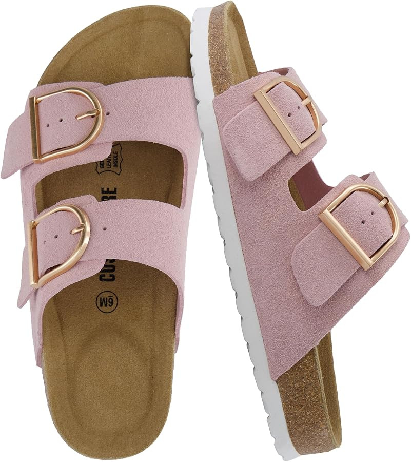 CUSHIONAIRE Legacy Cork Footbed Sandals for Women – Leather Double Strap Slides with Adjustable... | Amazon (US)