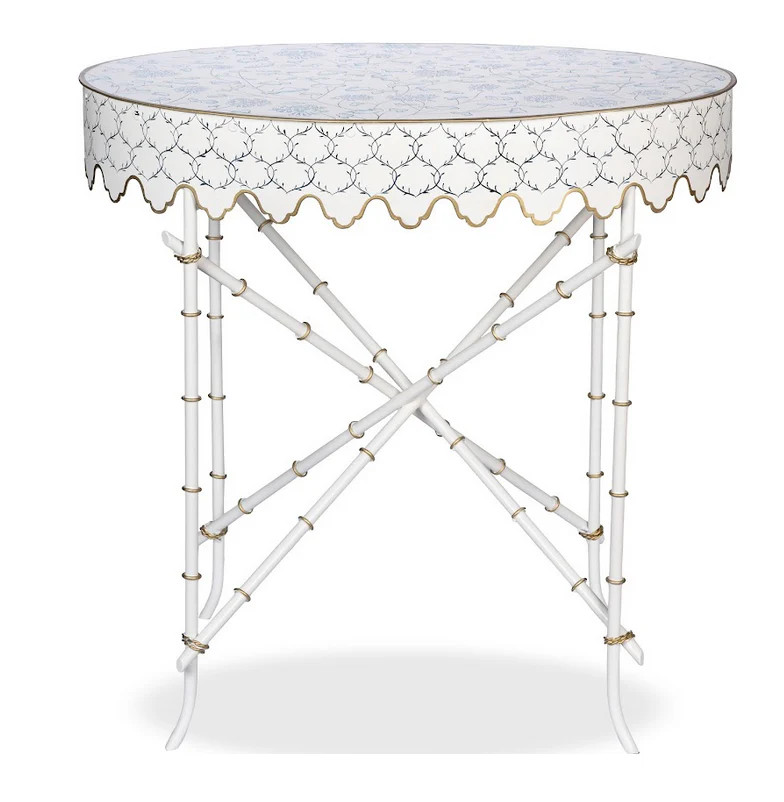 Ivory & Blue Trellis Oval Scalloped Table | The Enchanted Home
