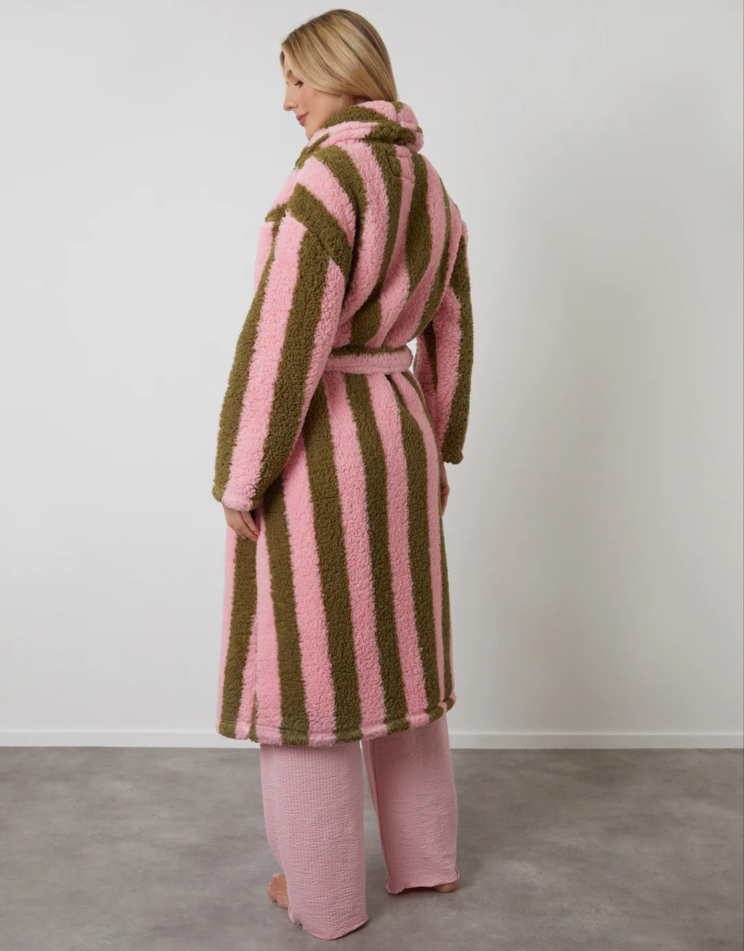 Pink Stripe Borg Dressing Gown | Threadbare