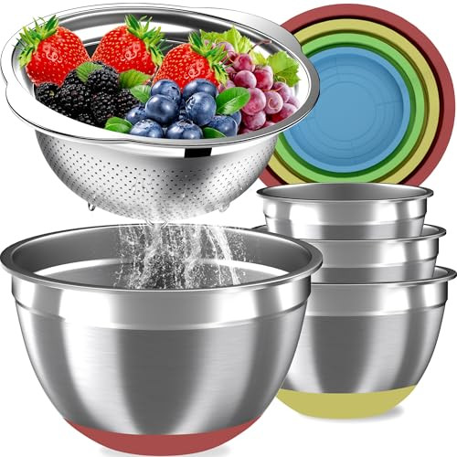 Mixing Bowls with Airtight Lids Set, 4 Stainless Steel Bowls Nesting Bowls & Colander, Kitchen Organizers and Storage Non-Slip Bottom, Size 1.5/2.0/2.5/4.5QT, Great for Mixing & Serving, Multicolor | Amazon (US)