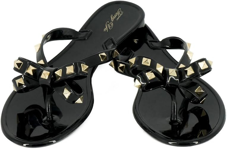 TENGYUFLY Womens Rivets Bowtie Flip Flops Jelly Thong Sandal Rubber Flat Summer Beach Rain Shoes ... | Amazon (US)