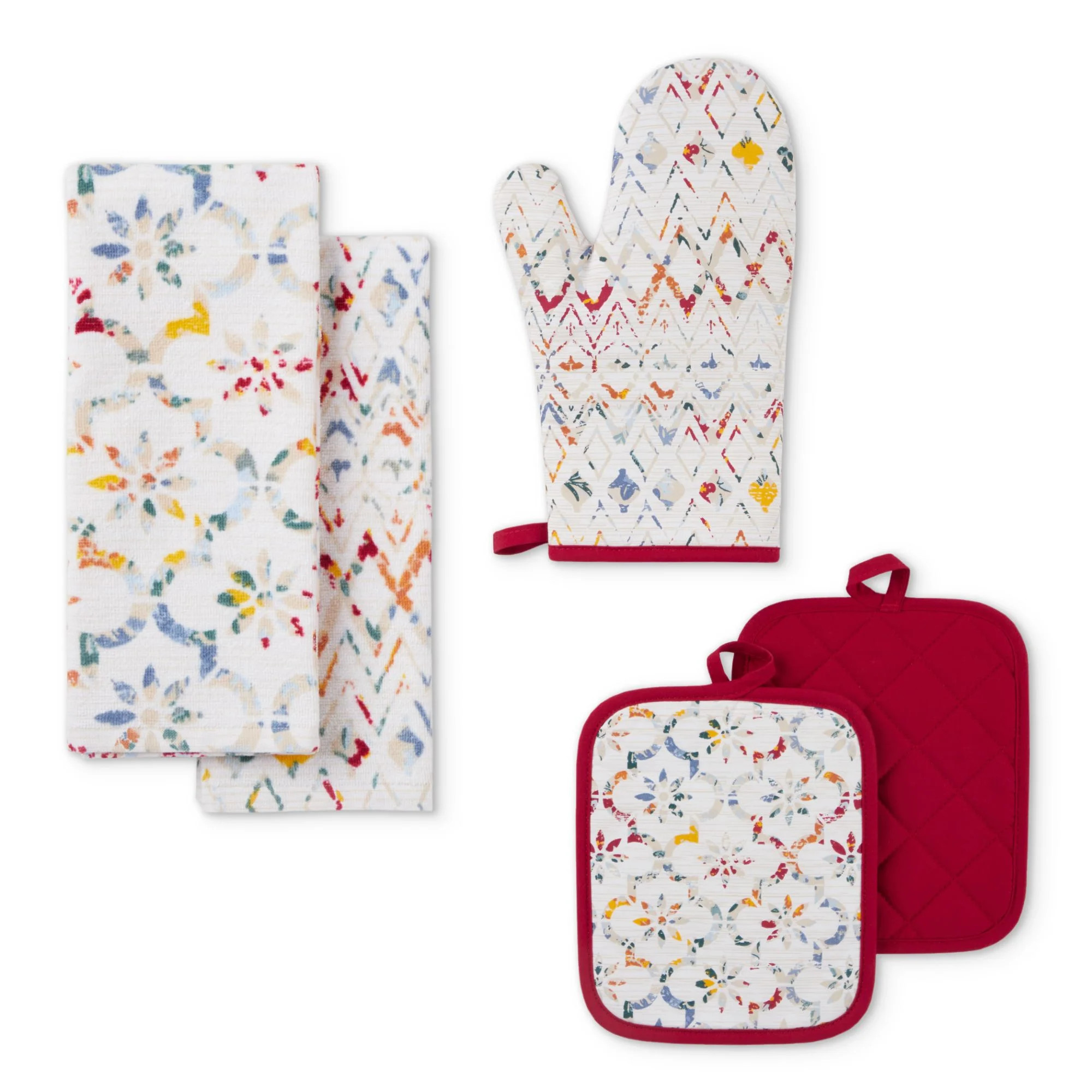 Mainstays Ogee Tile Kitchen Towel, Pot Holder, and Oven Mitt Set, Multicolor, 15"W x 25"L, 5 Piec... | Walmart (US)