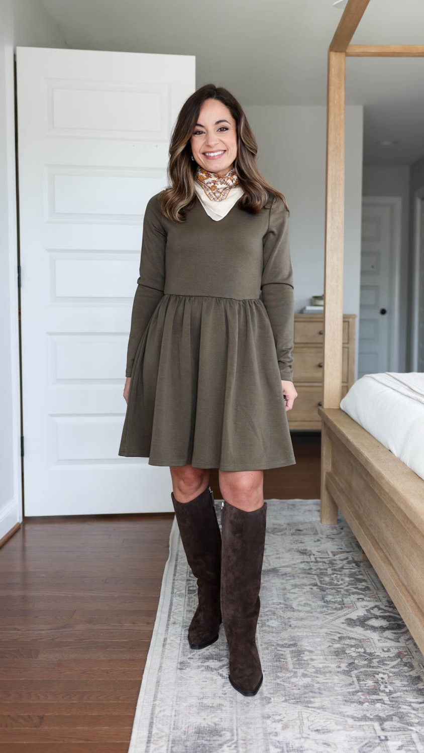 Fall dresses with knee high boots for petites! 

Green dress (Amazon): xs 
Brown boots (Franco Sarto): tts, 15” shaft at highest point on the sides and 14” shaft at the knee 

My measurements for reference: I’m 4’10” and 105lbs. My bust, waist, and hip measurement is 32”, 24”, and 36”.

#LTKSeasonal #LTKPetite