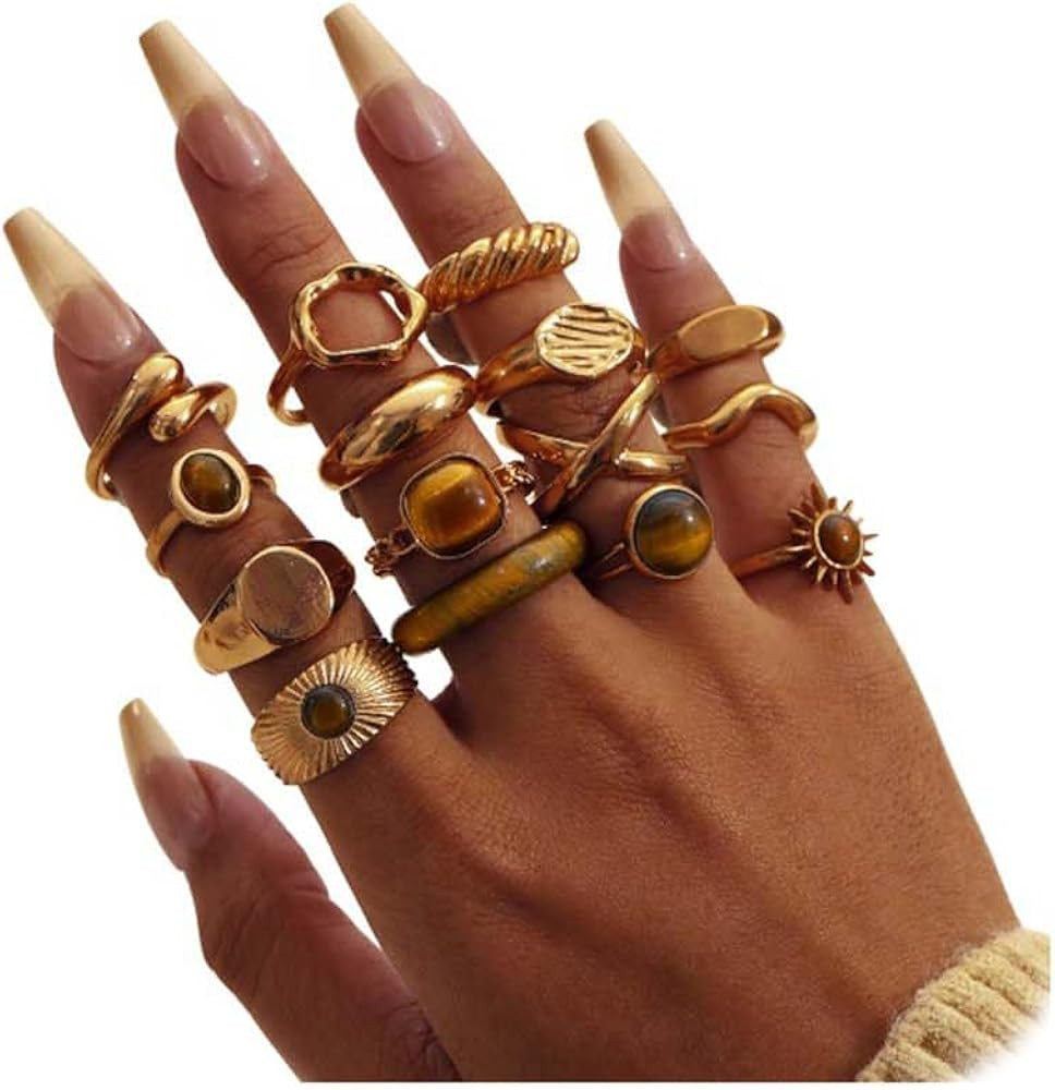 Chunky Gold Rings for Women Non Tarnish, Baroque Pearl Flower Tiger's Eye Stone Rings Adjustable ... | Amazon (US)