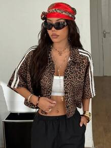 Coolane Women's Summer Festival Couple Same Style Country Concert Sportswear Vintage Grunge Daily Wear Y2K Leopard Banded Texture Decoration Crop Shirts Polo Shirts For Women | SHEIN