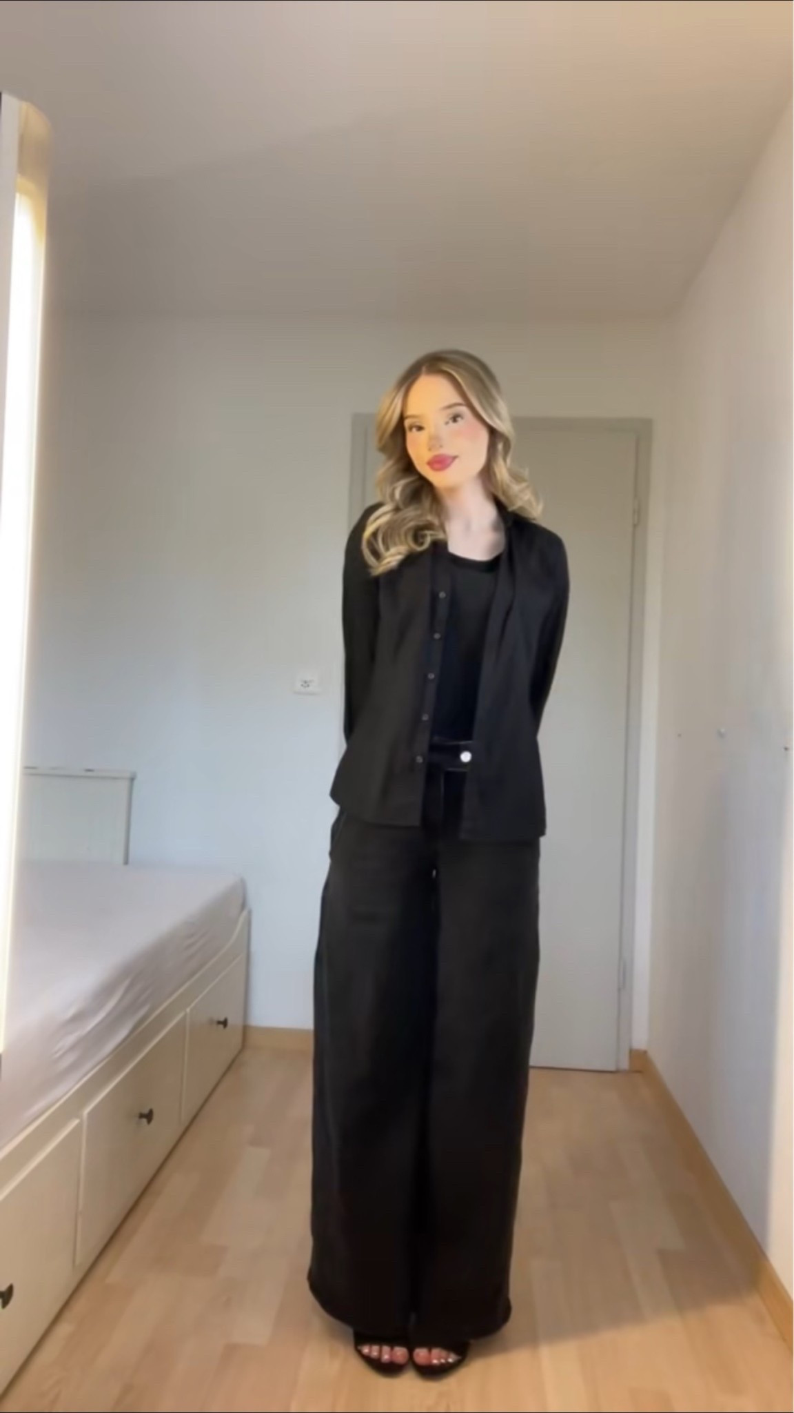All Black Outfit

 black blazer outfit, black wide leg pants, all black outfit, monochrome outfit, classy workwear, business casual outfit, office outfit, minimalist fashion, modest outfit, chic black look, feminine workwear, black trousers outfit