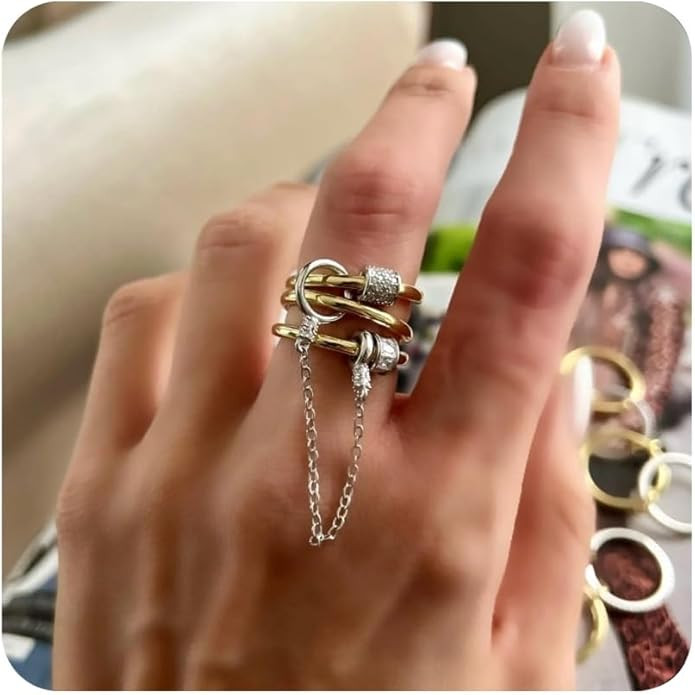 Stackable Gold Triple Rings with Chain for Women, Two Tone Double Ring with Chain Non Tarnish, St... | Amazon (US)