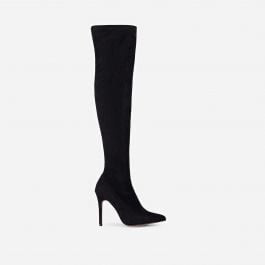 Alabama Pointed Toe Over The Knee Thigh High Long Sock Boot In Black Faux Suede | EGO (UK)