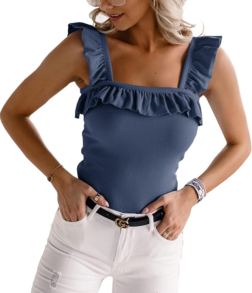 Womens Cute Sleeveless Tank Tops Ruffle Strap Square Neck Blouse Solid Color Knitted Camisole | Amazon (US)
