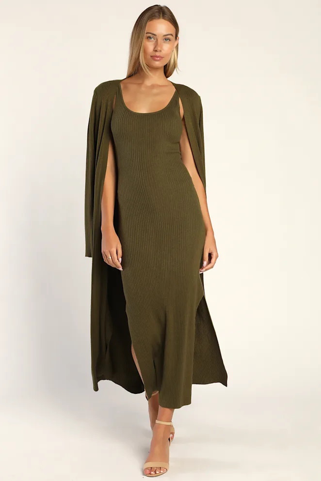 Layer Lover Olive Ribbed Knit Two-Piece Dress & Cardigan Set | Lulus