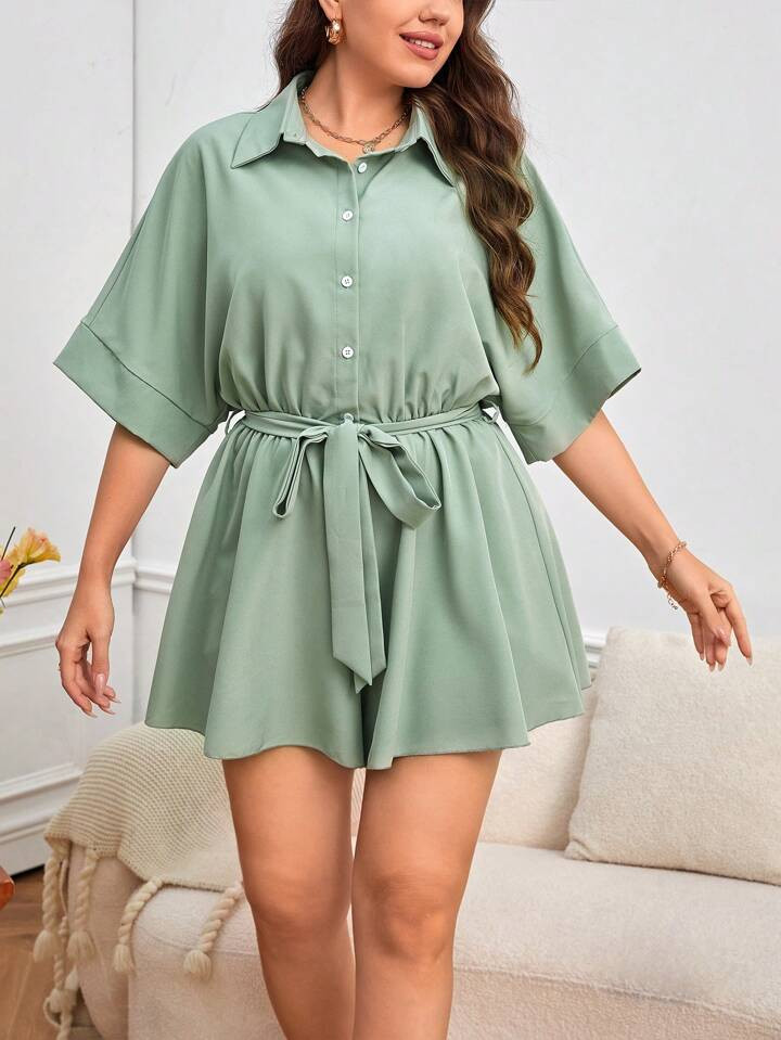 SHEIN Essnce Plus Batwing Sleeve Belted Shirt Romper | SHEIN