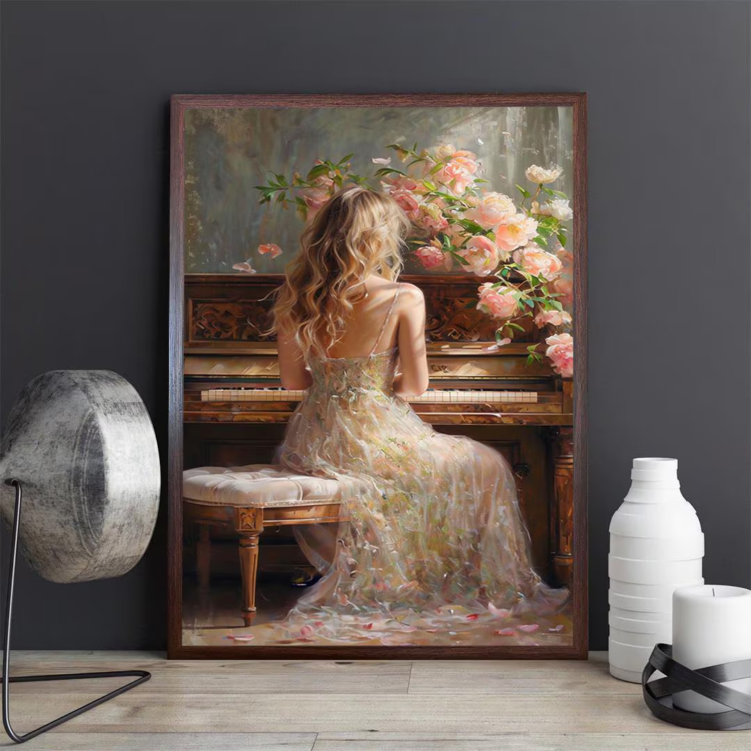 Romantic Piano Art Elegant Woman in Floral Dress With Roses Classic Fine Art Canvas for Living Ro... | Etsy (US)