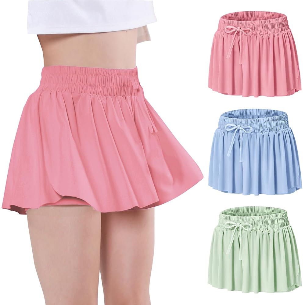 EXARUS Girls Butterfly Shorts Flowy Skirt Skort Athletic Cheer Flutter Dance 2 in 1 Running Prepp... | Amazon (US)