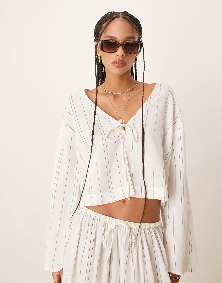 ASOS DESIGN Belle beach tie front shirt with linen in fine mono stripe-White | ASOS (Global)