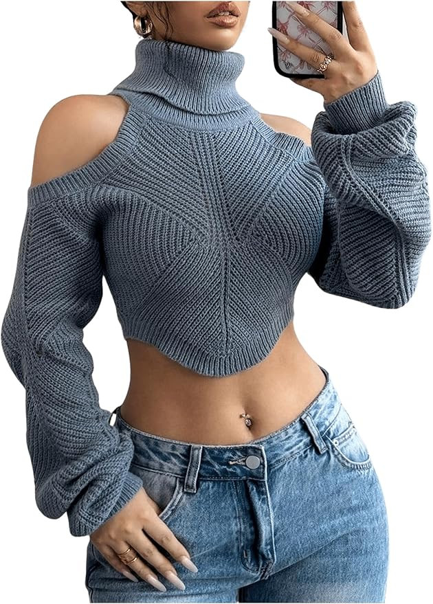 GORGLITTER Women's Turtleneck Long Sleeve Crop Sweater Cold Shoulder Knit Pullover Top | Amazon (US)