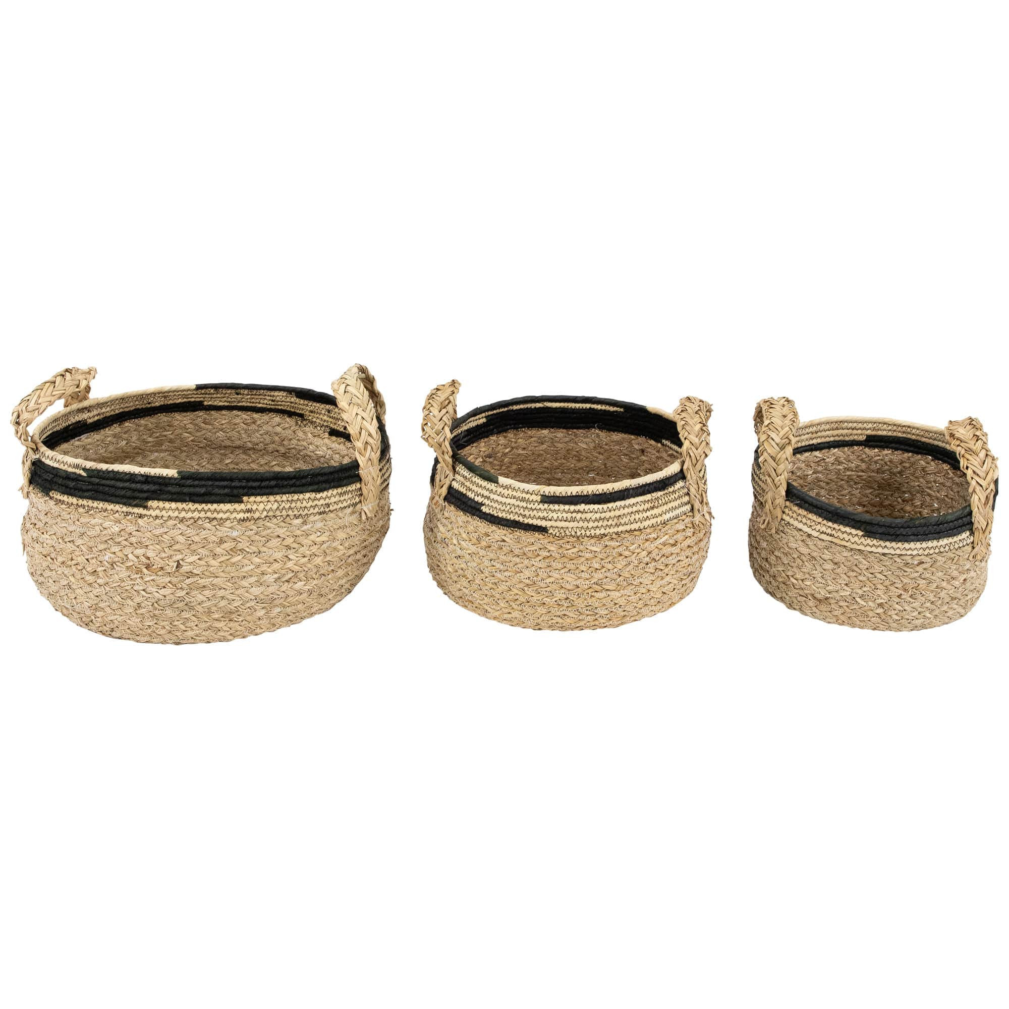 Northlight Set of 3 Khaki and Black Braid Weave Seagrass Storage Baskets with Handles 13.75 inch one_size | NORTHLIGHT CD95578 | Lowe's