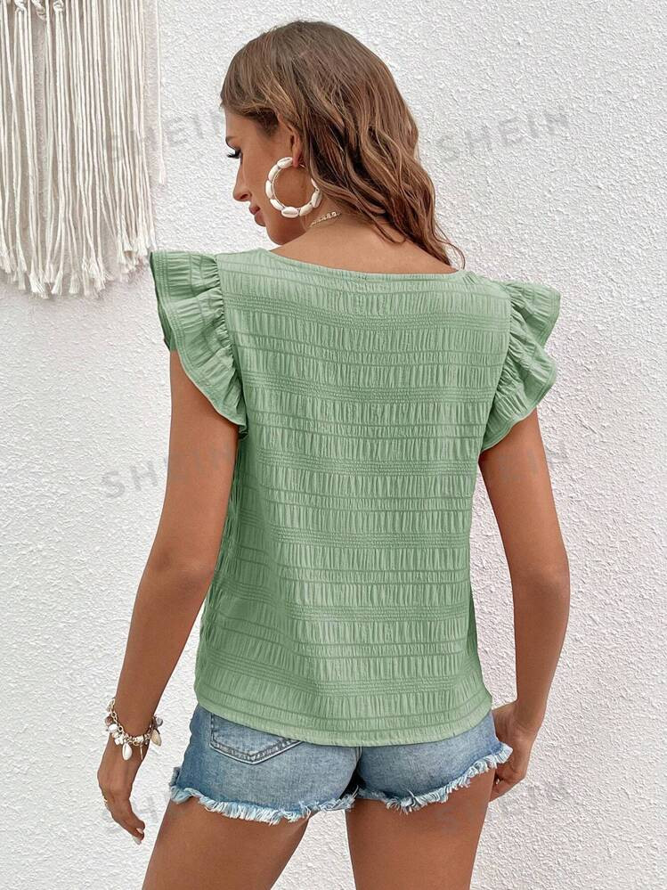 SHEIN VCAY Women's Square Neck Green Flutter Sleeve Shirt | SHEIN