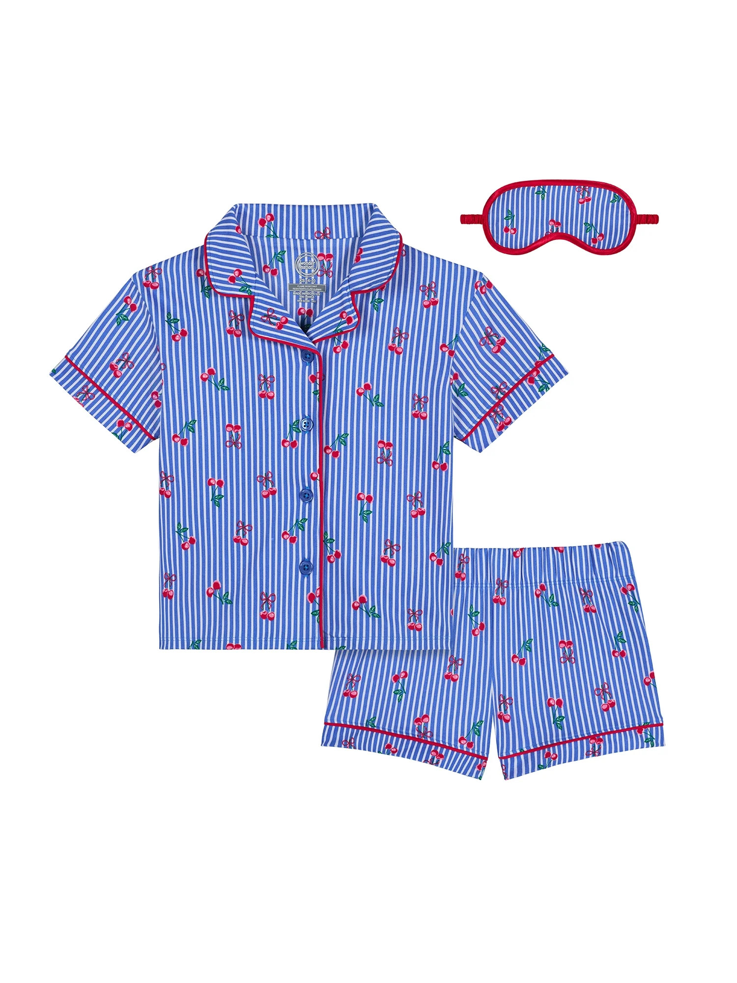 Wonder Nation Girls Short Sleeve Button Front Pajama Top and Shorts Set with Eyemask, 3-Piece, Si... | Walmart (US)