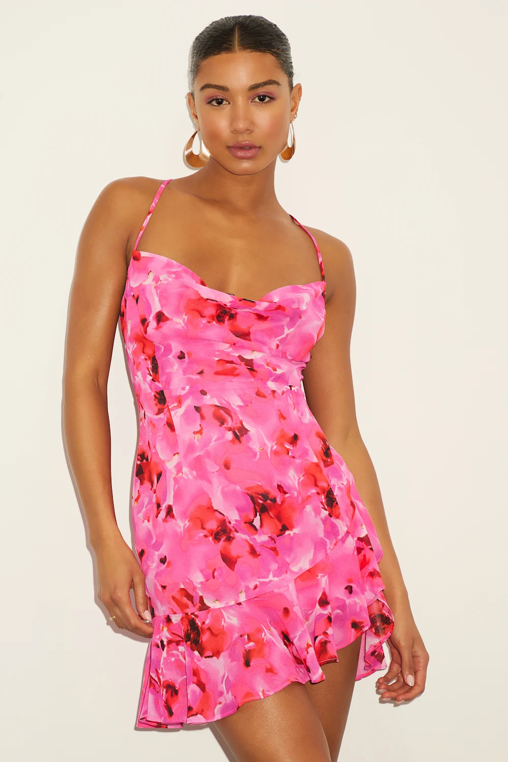 Cina Hot Pink Floral Lace-Up Mini Dress | Lulus