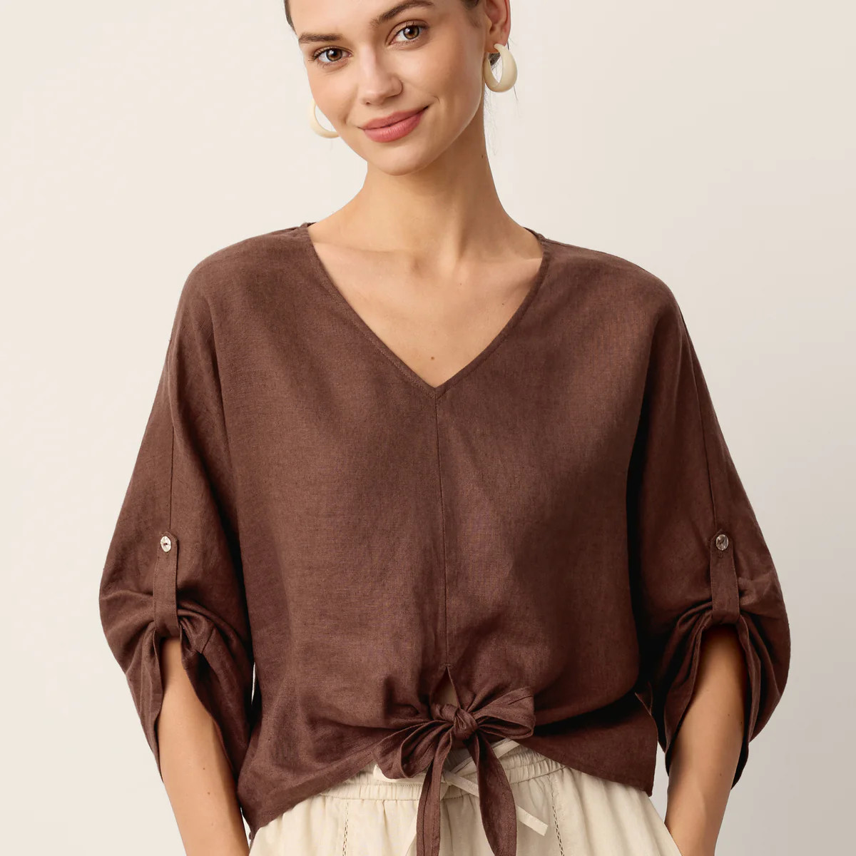 100% Linen Twist-Hem Batwing Top LAVENA | LINTICO