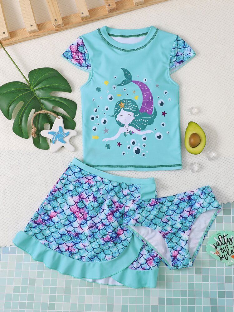 3pack Girls Mermaid Print Bikini Swimsuit & Beach Skirt | SHEIN