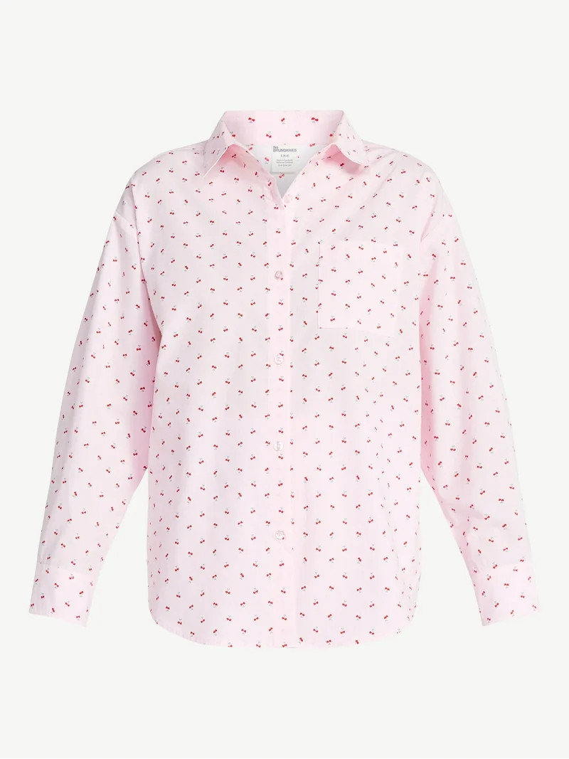 No Boundaries Sleepwear Woven Cotton Button-Down Shirt, Women's XS-XXL | Walmart (US)