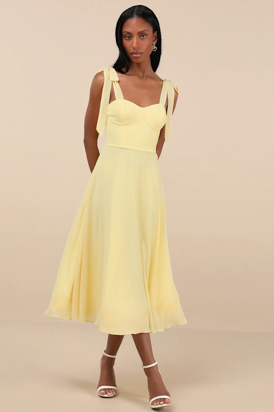 Sophisticated Charisma Light Yellow Tie-Strap A-Line Midi Dress | Lulus