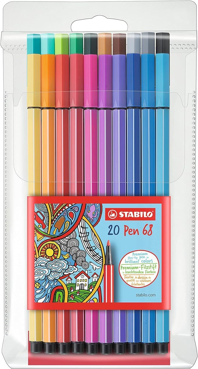 Premium Felt Tip Pen - STABILO Pen 68 - Wallet of 20 - Assorted Colors | Amazon (US)