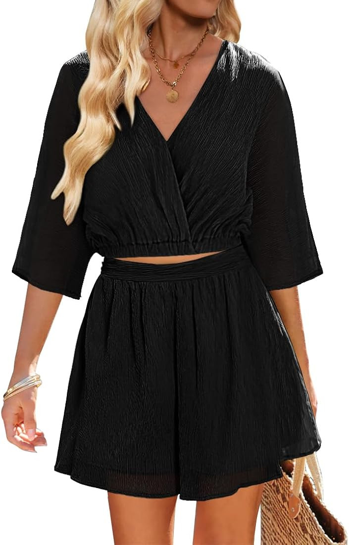 Vetinee 2 Piece Outfits for Women Summer Textured Crop Tops and Elastic Wasit Flowy Shorts Skort ... | Amazon (US)