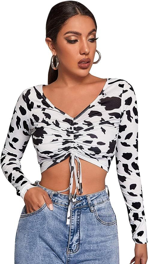 Verdusa Women's Ruched Drawstring Front Cow Print V Neck Crop Tee Top | Amazon (US)