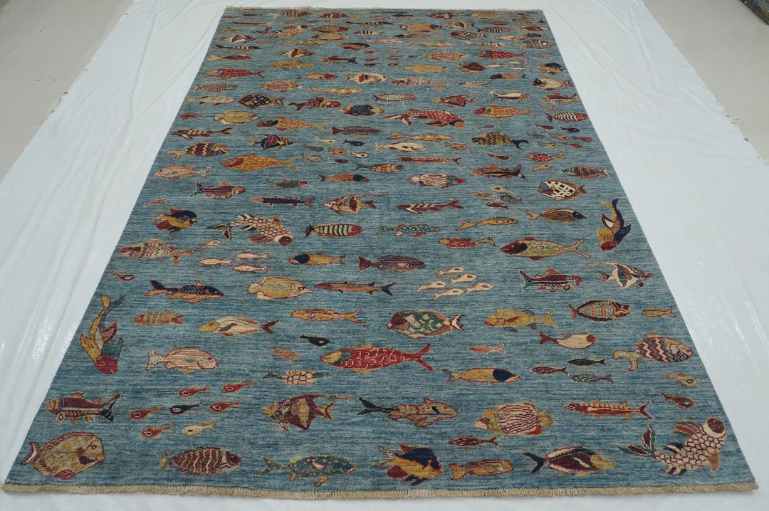 6'4 X 9'3 Blue Fish Gabbeh Rug Afghan Hand Knotted Veg Dyes Wool Area Rug Rugs for Living Room Be... | Etsy (US)