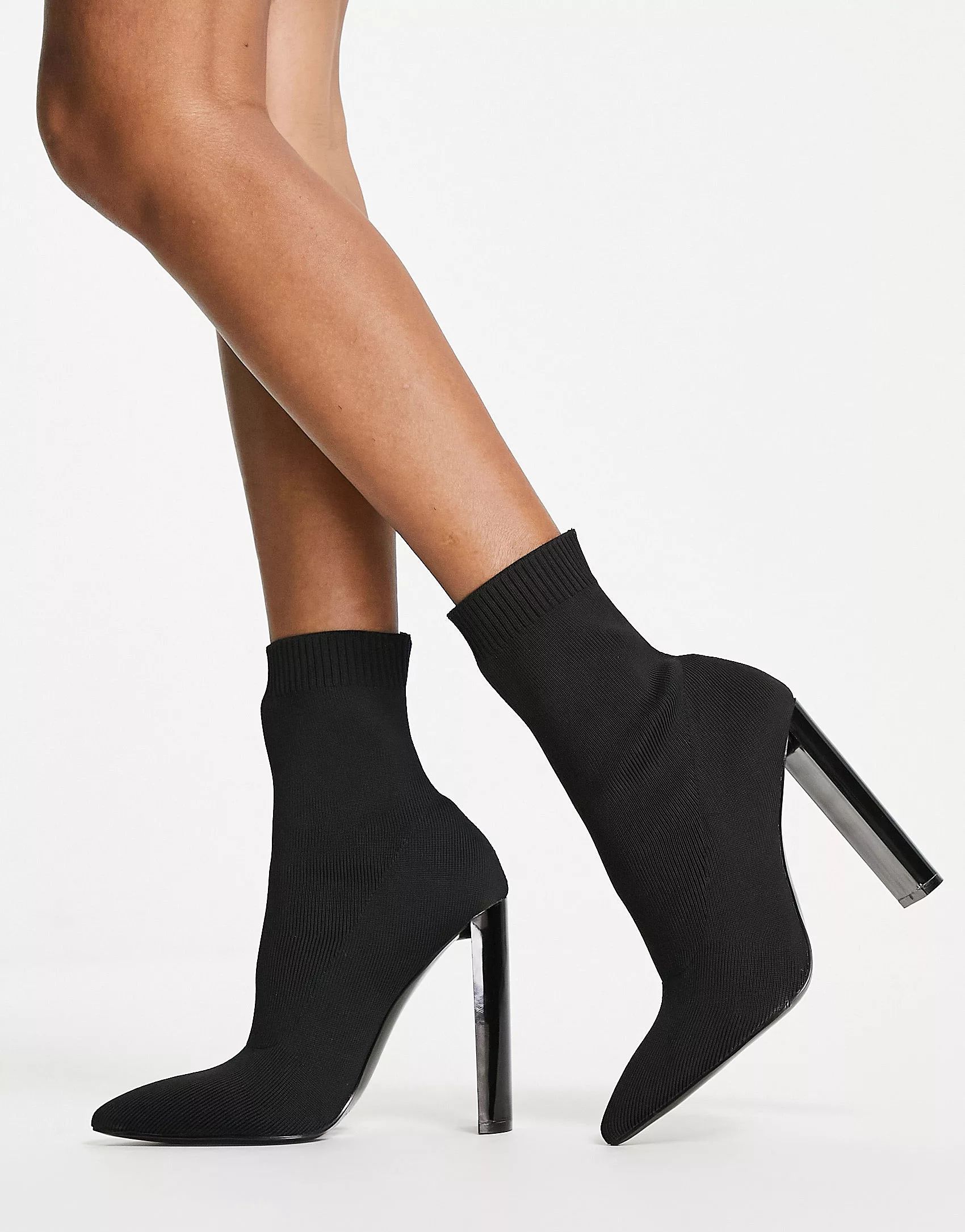 ASOS DESIGN Elly block heel sock boots in black knit | ASOS (Global)