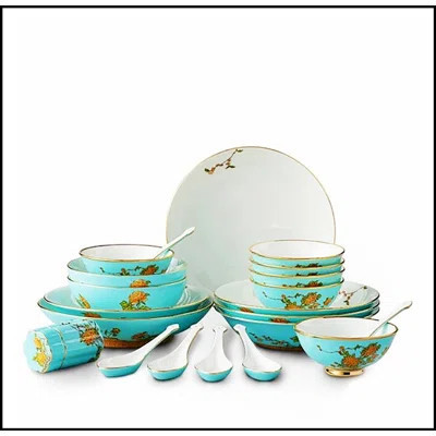 Auratic 22-Piece Chinese Dinnerware Set for 6, Elegant Peony Design, Complete with Plates, Bowls, Spoons, and Toothpick Holder | Wayfair North America