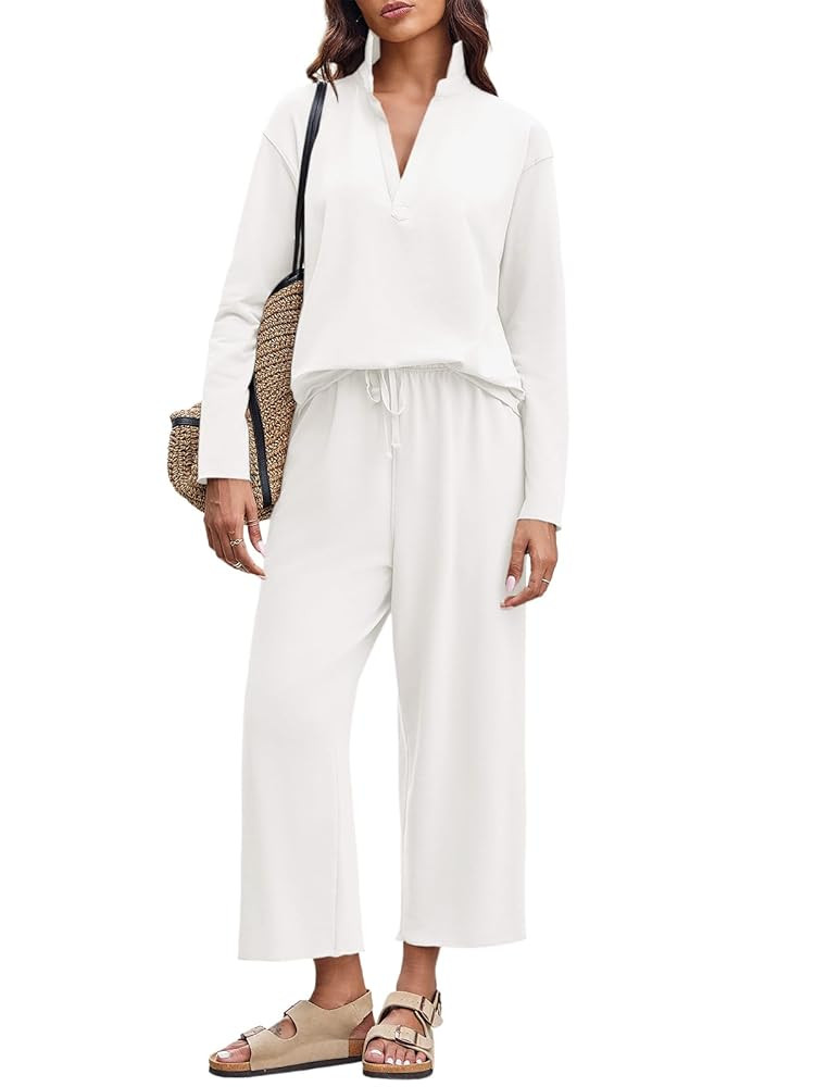 Imily Bela Womens 2 Piece Outfits Sweatsuit Long Sleeve Lapel V Neck Shirt and Wide Leg Pants 202... | Amazon (US)