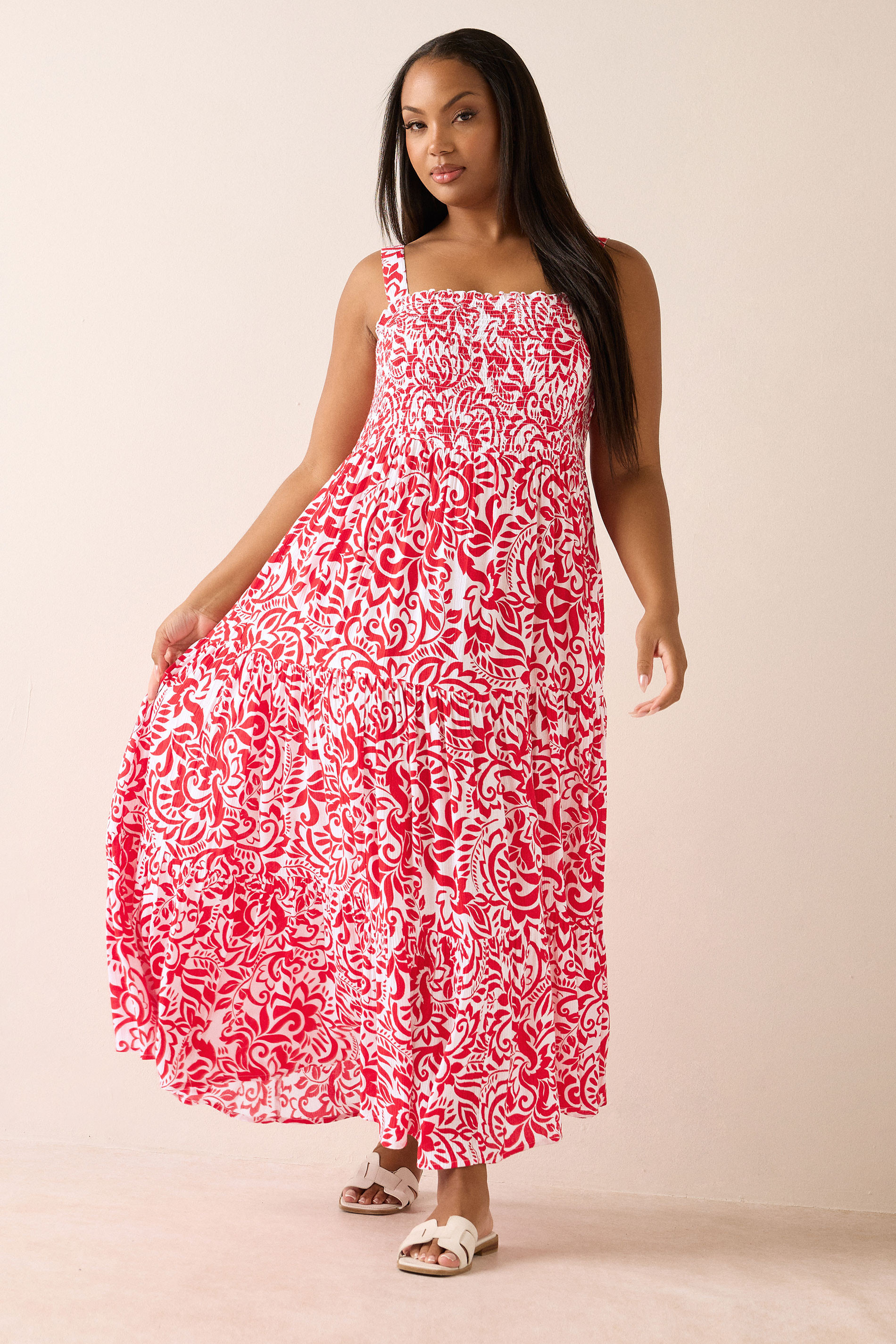 YOURS Plus Size Red Paisley Print Shirred Maxi Dress | Yours Clothing UK