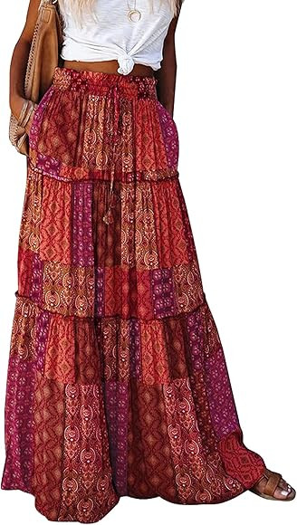 Oyamiki Women Boho Maxi Skirts Elastic Waist Front Drawstring Long Flowy Swing Ruffle Tired Pleat... | Amazon (CA)