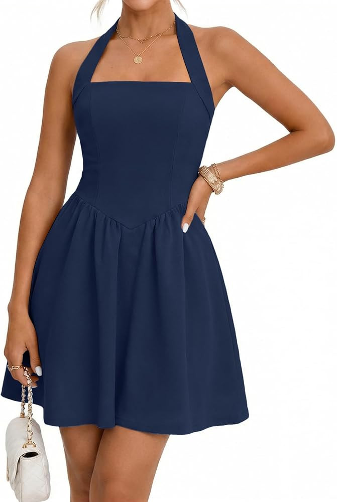 MEROKEETY Women's Summer Halter Neck Mini Dress 2026 Cute Ruched Waist A-line Flowy Graduation Co... | Amazon (US)