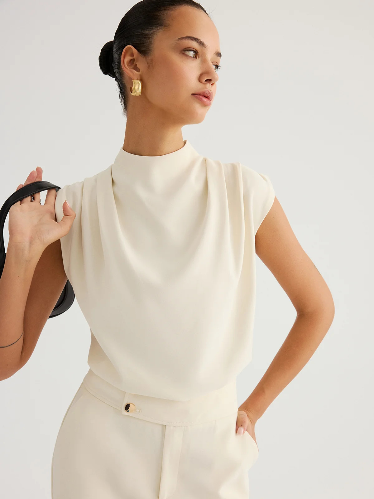 Draped High-Neck Cap Sleeve Blouse | Commense