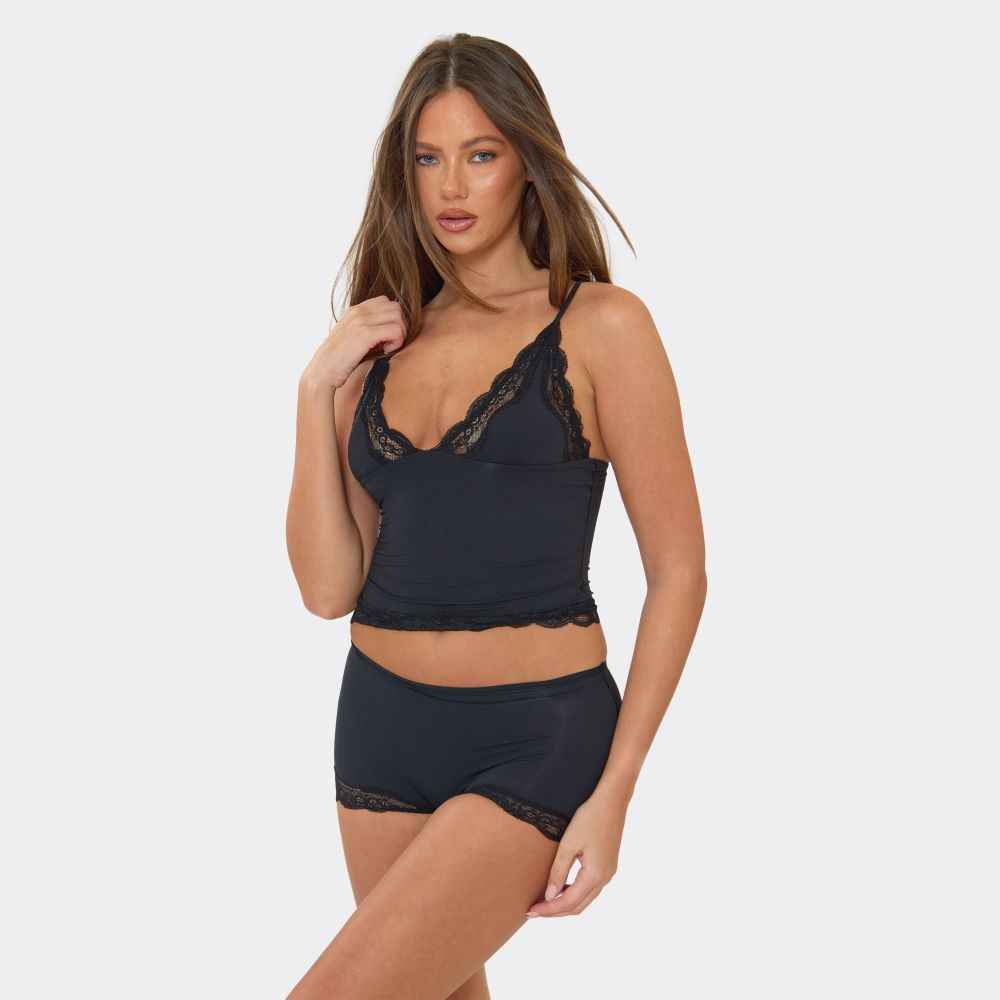 Strappy Lace Trim Detail Top And Shorts Set In Black | EGO (UK)