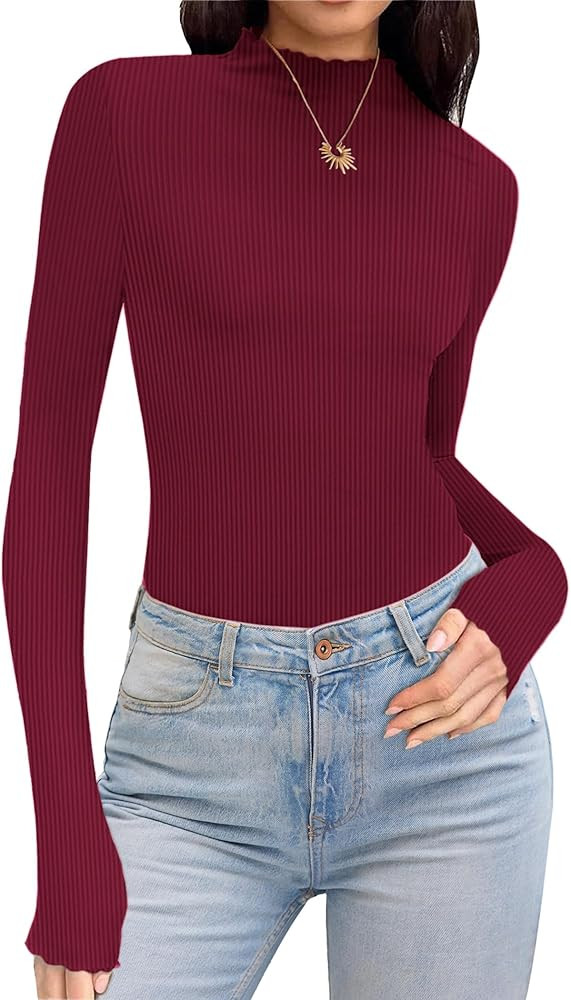 Ekouaer Turtleneck Shirt Women Ribbed Long Sleeve Shirts Lettuce Trim Mock Neck Tops Slim Fit Bas... | Amazon (US)