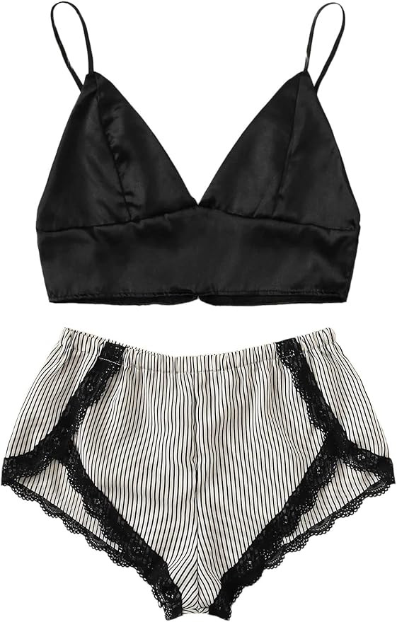 SOLY HUX Women's 2 Piece Outfit Satin Pajama Set Bralette and Lace Trim Shorts Sleepwear | Amazon (US)