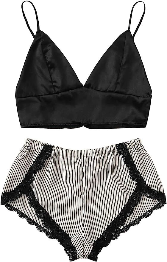 SOLY HUX Women's 2 Piece Outfit Satin Pajama Set Bralette and Lace Trim Shorts Sleepwear | Amazon (US)