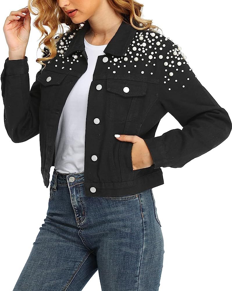 andy & natalie Women's Pearls Jean Jackets Cropped Long Sleeve Denim Jackets with Side Pocket | Amazon (US)