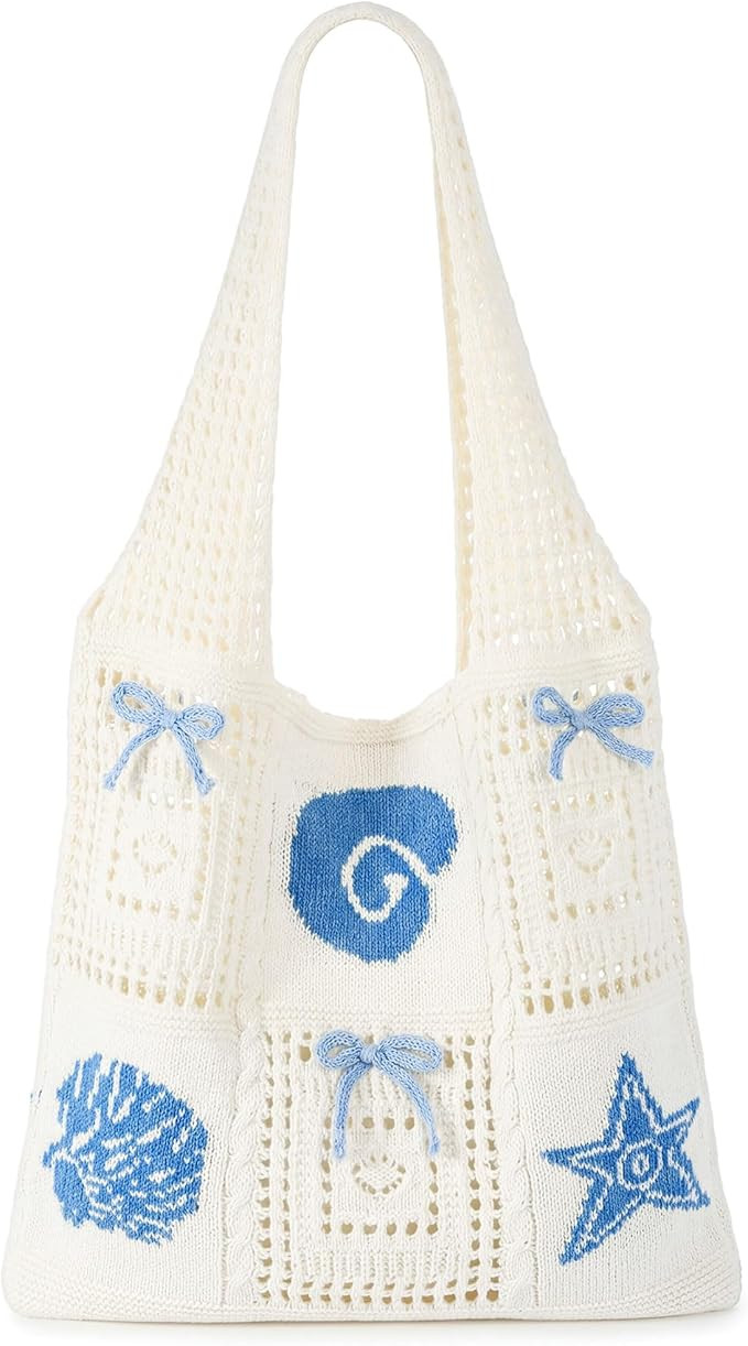 Abbylike Gift Bag Crochet Beach Bag Coquette Coastal Knitted Tote Blue Bow Mesh Boho Cute Tote fo... | Amazon (US)
